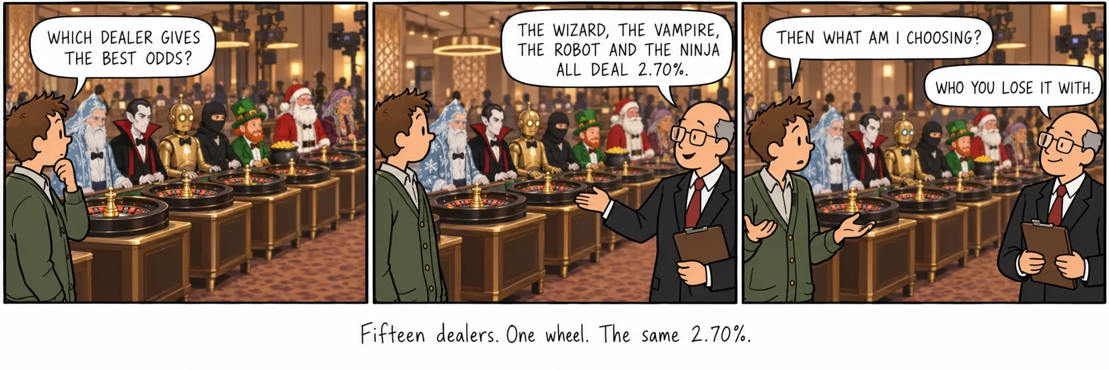 十五名荷官,一個轉輪,同樣的2.70%。